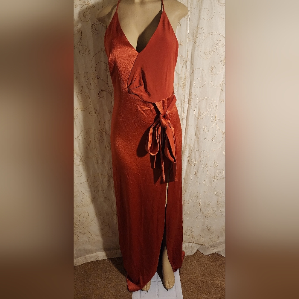 Halston Heritage Rust Red Satin Maxi Dress